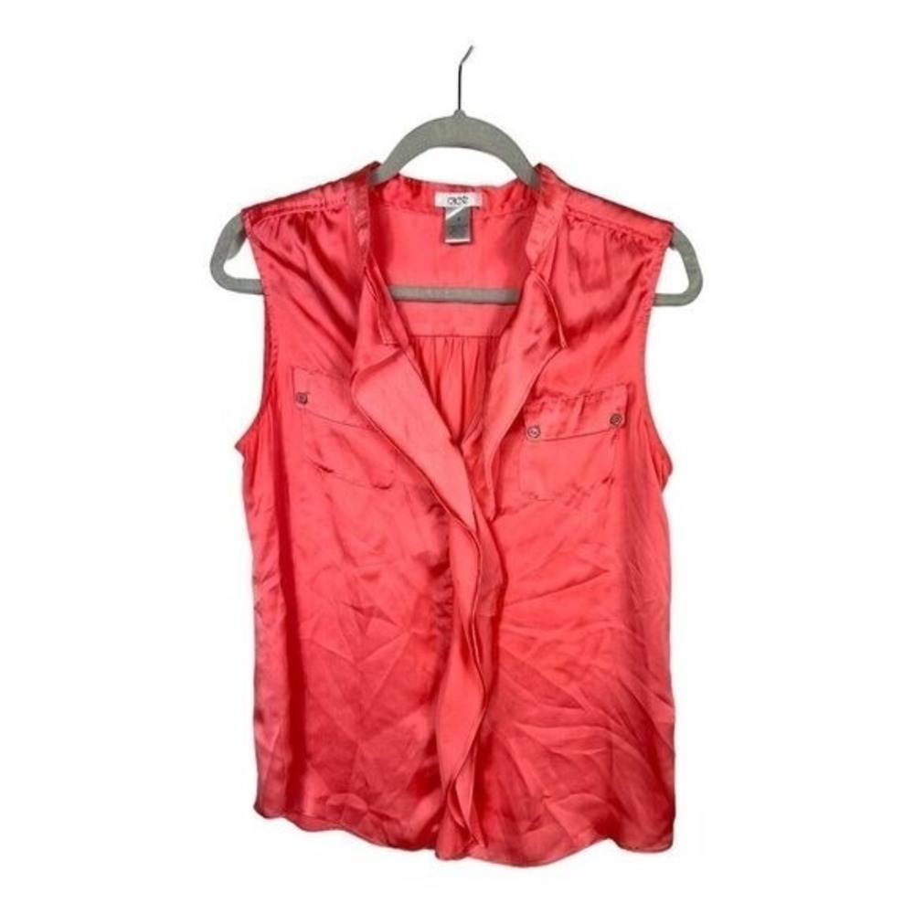 Cache Sleeveless Collared Button Front Pocket Blouse Coral Medium vintage luxury